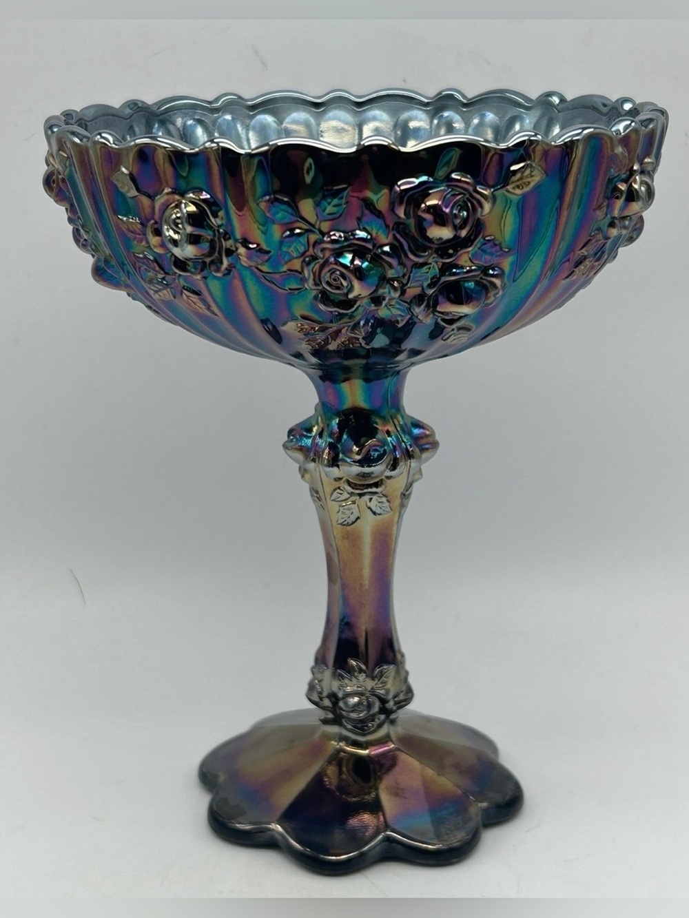 Fenton Amethyst Carnival Glass Rose Pedestal Compote Bowl Signed